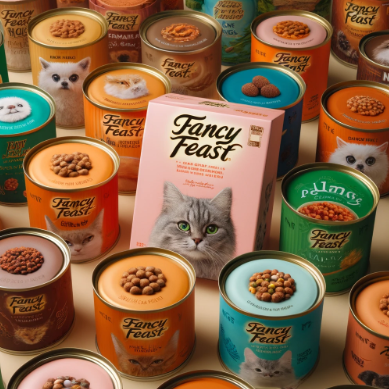 A selection of different Fancy Feast cat food flavors.