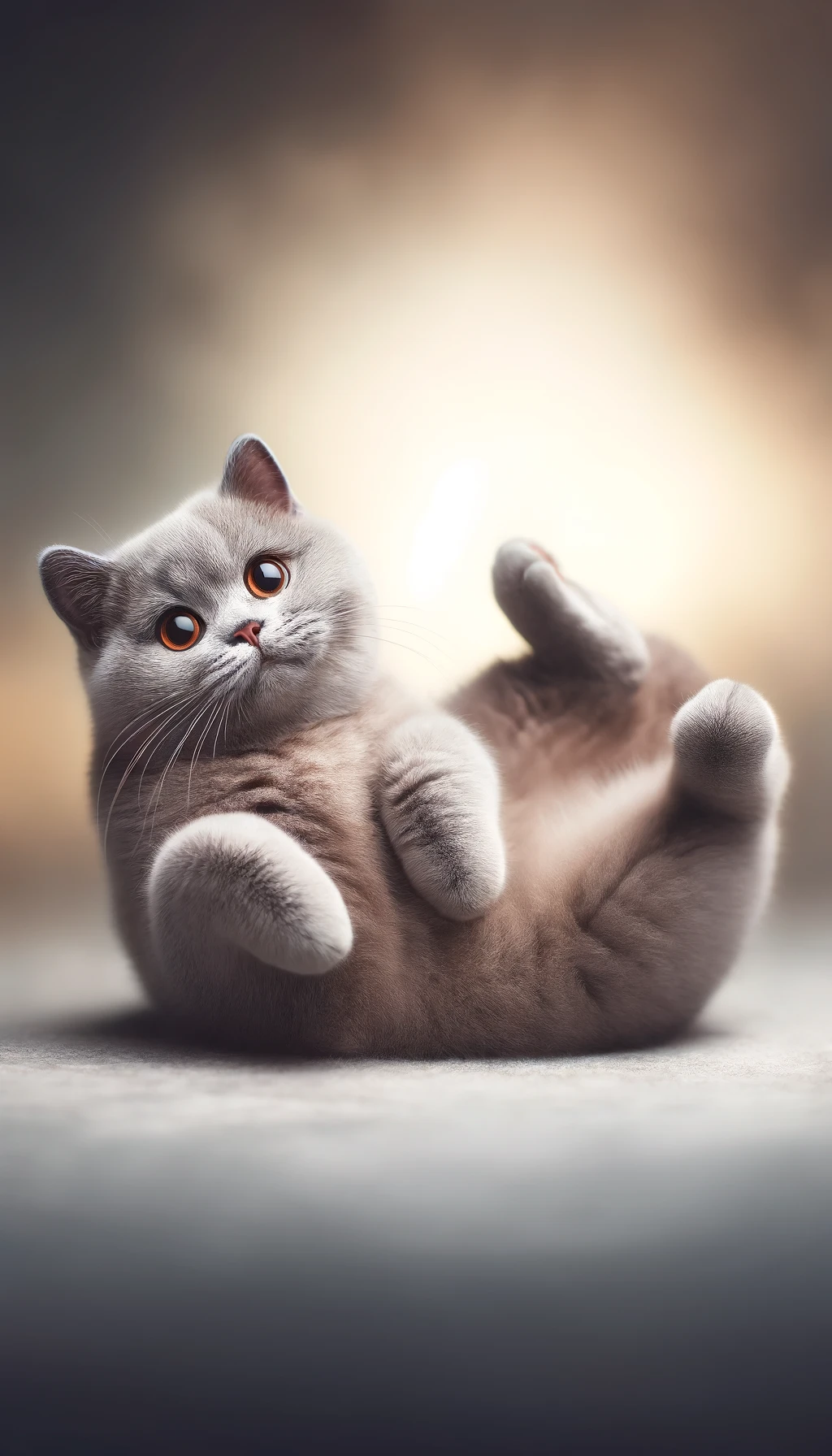 DALL·E 2024-05-14 13.25.14 - A full-body image of a British Shorthair cat, poised playfully on its back, with thick, soft grey fur and round copper eyes. The background is soft an