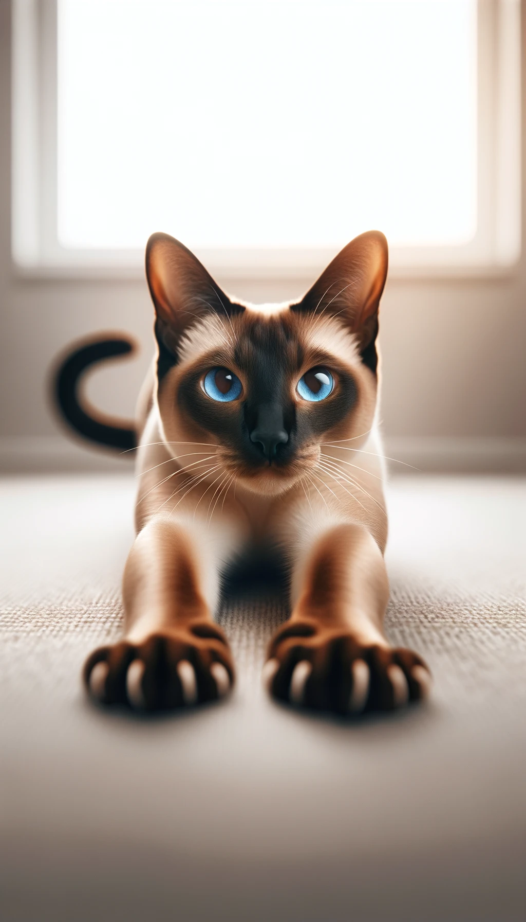 DALL·E 2024-05-14 13.25.49 - A full-body image of a Siamese cat stretching playfully with its paws extended forward. The cat has striking blue eyes and a sleek, light brown body w