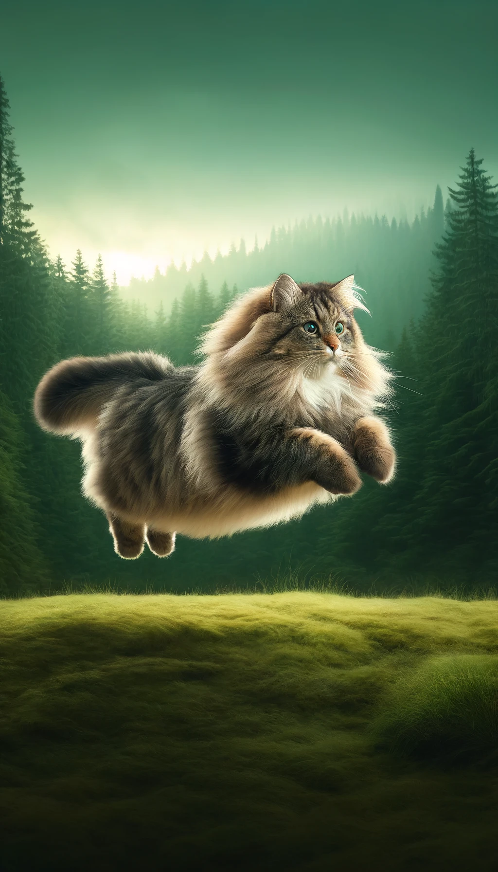 DALL·E 2024-05-14 13.25.54 - A full-body image of a Norwegian Forest cat leaping through the air, showcasing its long, dense fur and sturdy build. The background features a serene