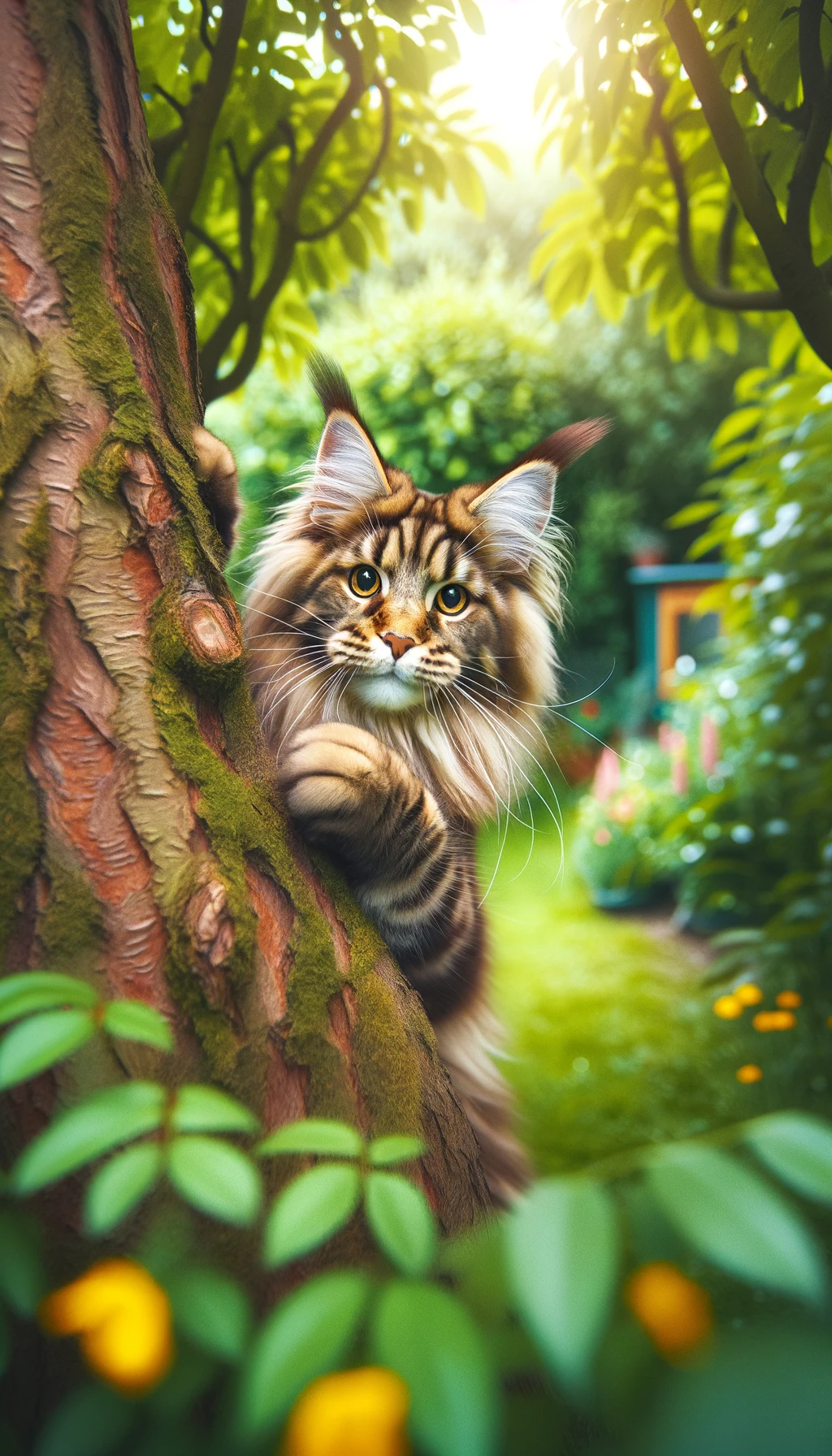 DALL·E 2024-05-14 13.25.59 - A full-body image of a Maine Coon cat playfully hiding behind a tree, peeking out with a curious expression. The cat has long fur and a friendly face