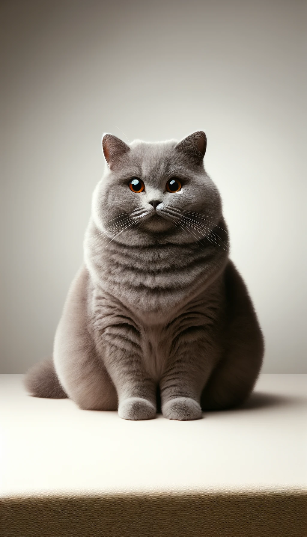 DALL·E 2024-05-14 13.33.36 - A full-body image of a British Shorthair cat sitting majestically with a regal pose, showcasing its thick, soft grey fur and round copper eyes. The ba