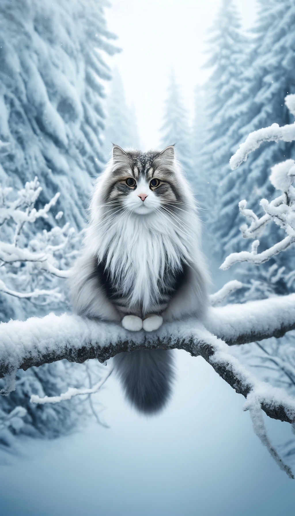 DALL·E 2024-05-14 13.33.43 - A full-body image of a Norwegian Forest cat sitting on a snowy branch, its long, dense fur highlighted against a snowy backdrop. This majestic and win