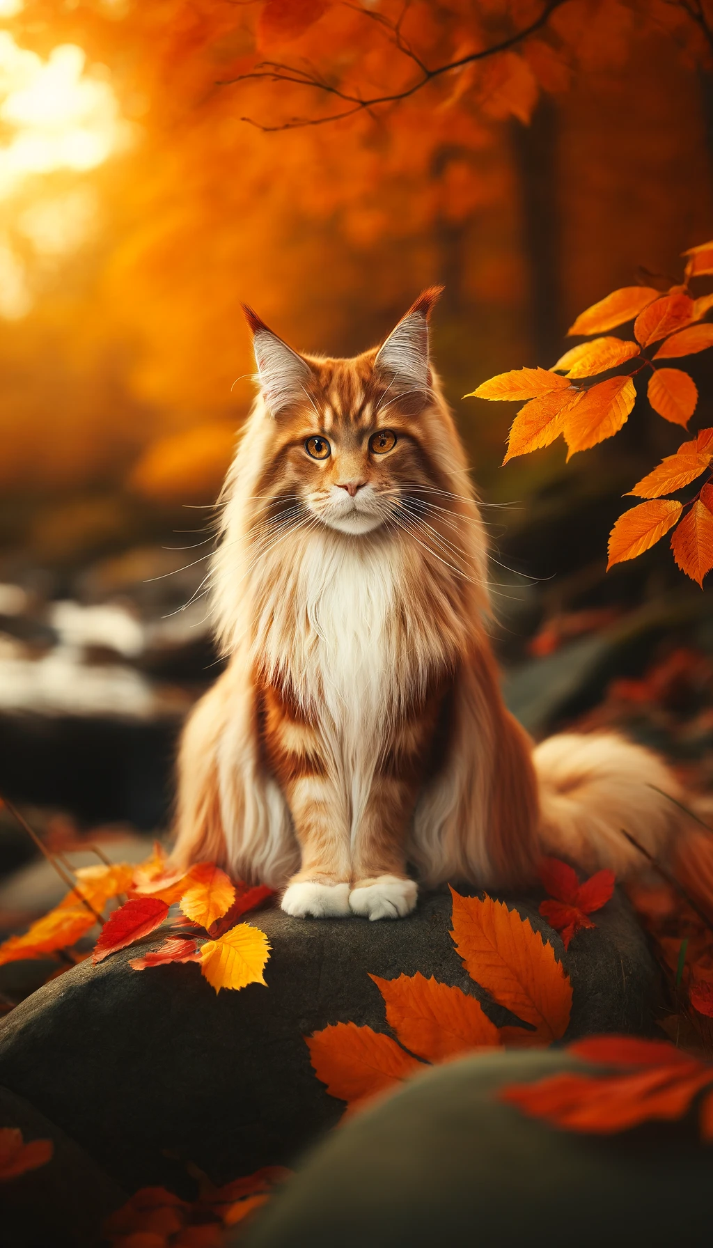 DALL·E 2024-05-14 13.33.58 - A full-body image of a Maine Coon cat sitting elegantly on a rock, surrounded by autumn leaves. The cat's long, bushy fur and striking features are en