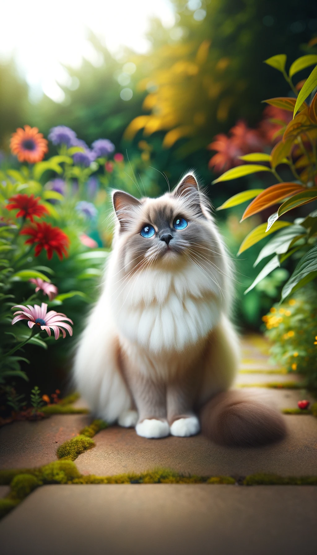 DALL·E 2024-05-14 13.34.24 - A full-body image of a Birman cat sitting in a garden, looking up curiously. The soft, silky fur and deep blue eyes are beautifully contrasted against