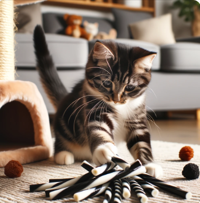 A playful cat with black and white licorice sticks in a cozy living room.